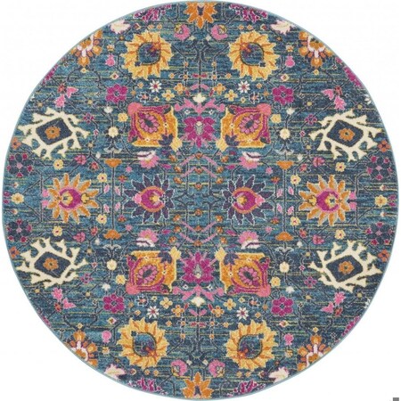 Homeroots 5 ft. Round Denim Blue Florals Distressed Area Rug 385177